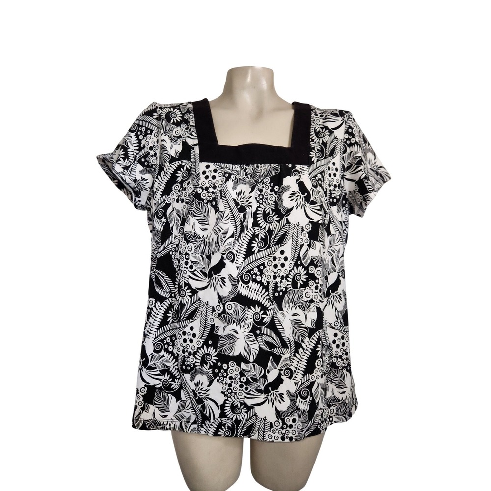 Croft & Barrow Womens XL Black White Floral Paisley Square Neck Stretch Top